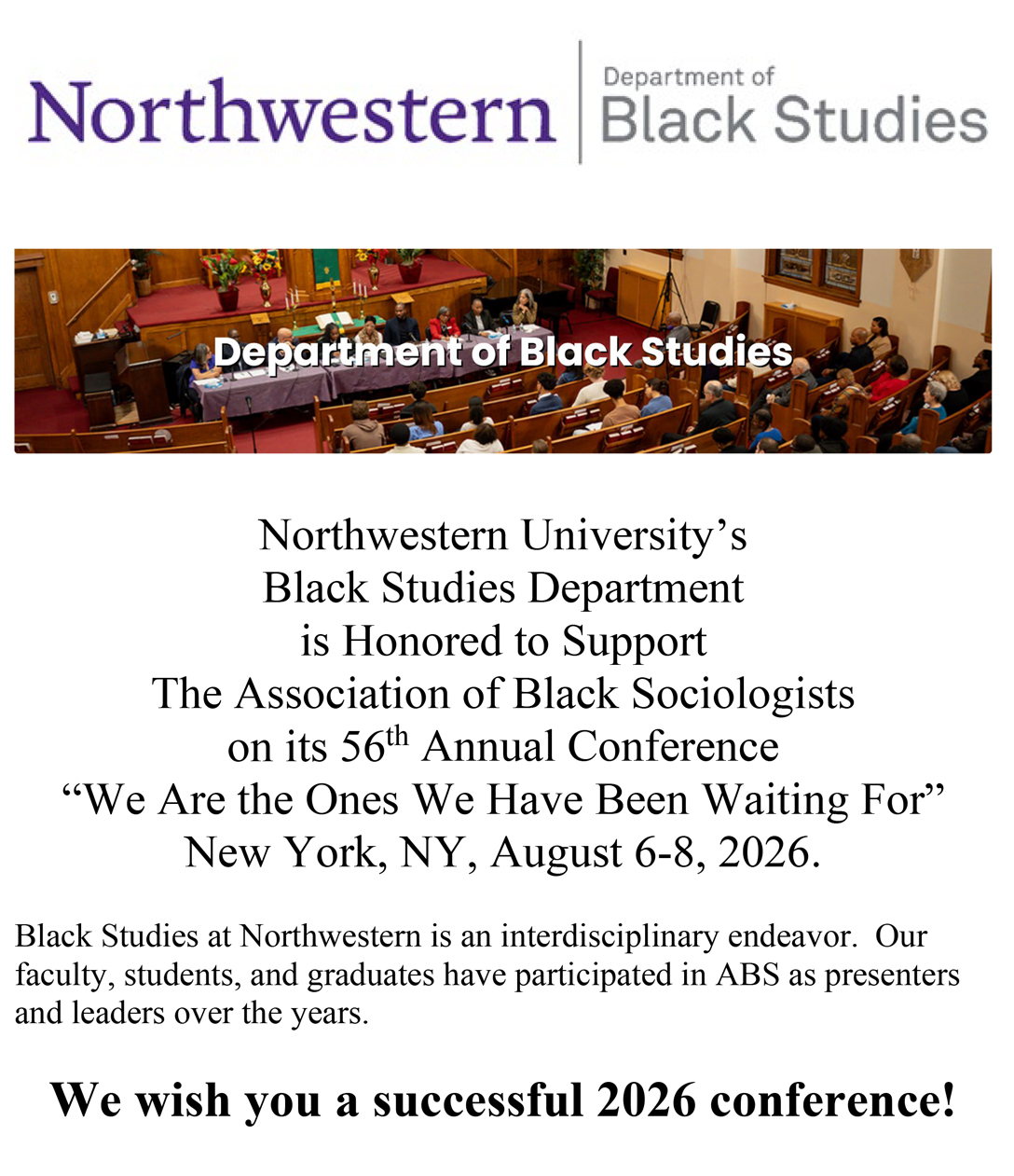 Northwestern University’s Black Studies Department supports the 2026 ABS conference