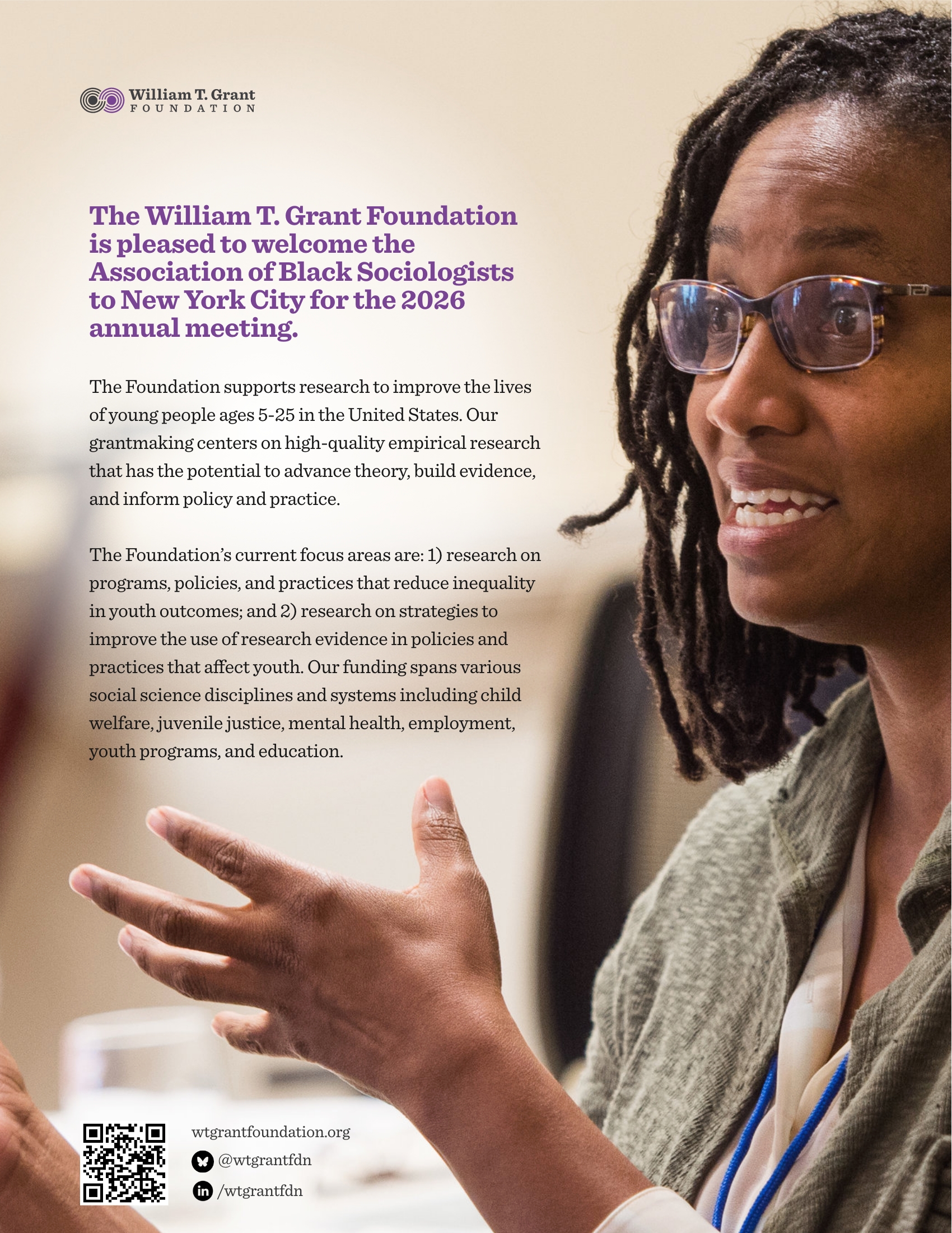 The William T. Grant Foundation is pleased to welcome the Association of Black Sociologists to New York City for the 2026 annual meeting.